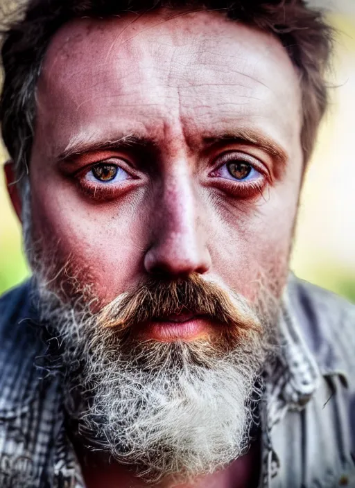 Image similar to photorealistic portrait photograph of forsen looking at you, twitch tv, hobo, long beard, depth of field, soft focus, highly detailed, intricate, realistic, national geographic cover, soft glow, textured skin