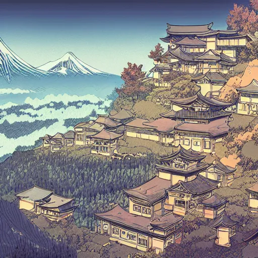 Prompt: a powerful japanese village high in mountains, concept artby moebius and laurie greasley, fantastic landscape, 8 k, cinematic color grading