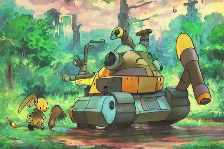 Image similar to colorful pokemon that looks like a military tank, lush jungle scene, post apocalyptic, shot on film, art by studio ghibli