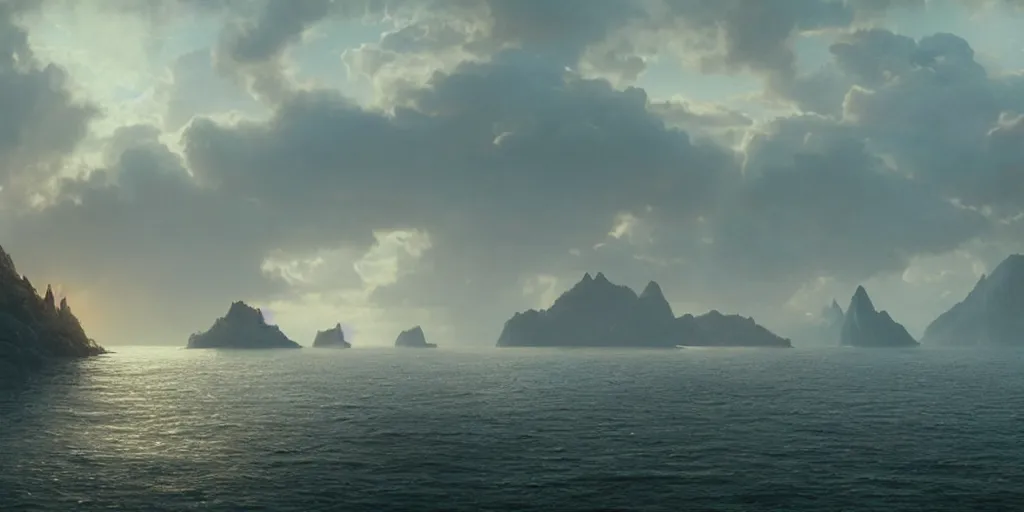 Image similar to establishing shot from a movie, epic matte painting of an island, cinematic cinematography masterpiece, greg rutkowski, and ivan aivazovski, roger deakins