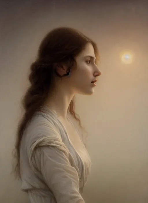 Image similar to oil painting close up portrait of a contemplative young norwegian woman with very long dark flowing hair in a dress made of white roses!! at sunset, hazy, digital art, chiaroscuro, artstation, cinematic, golden hour, digital art painting by greg rutkowski, william - adolphe bouguereau, hazy atmosphere, cinematic lighting