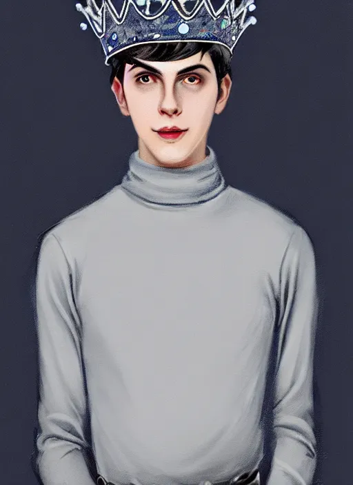 Image similar to portrait of teenage jughead jones wearing a light grey crown, crown, blue turtleneck, 1 9 5 0 s, closed eyes, photorealistic, black hair, glowing lighting, intricate, elegant, glowing lights, highly detailed, digital painting, artstation, concept art, smooth, sharp focus, illustration, art by wlop, mars ravelo and greg rutkowski