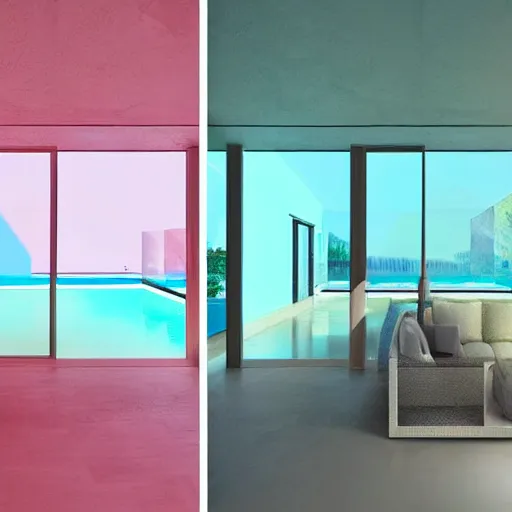 Image similar to a sunlit indoor lounge area with a pool with clear water and another pool with translucent pastel pink water, next to a big window, digital art