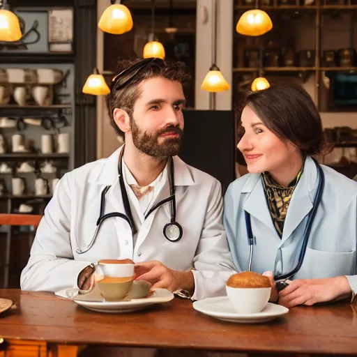 Prompt: A beautiful aesthetic portrait of a male engineer and a female doctor sitting in a victorian style cafe in Miami, 8k,