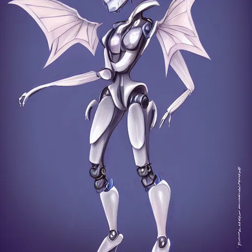 Image similar to full body shot of cute and beautiful anthropomorphic female robot dragon doing an elegant pose for the camera, has two adorable blue eyes, a sleek yet elegant design, with two big epic wings behind her, two arms that have sharp claws, two legs, a long tail behind her; high quality digital art, artstation, deviantart, furaffinity