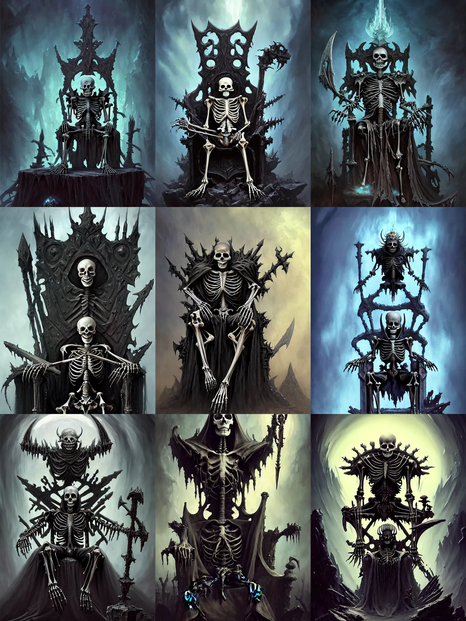 Prompt: A mixed media painting of an undead skeletal lich king sitting on a throne, very aesthetic, detailed face, skeleton, by Frank Frazetta, Greg Rutkowski, Boris Vallejo, Beeple, Christian MacNevin, Lucas Graciano, digital art, steve argyle, peter Mohrbacher, Davi Blight, epic fantasy character art, high fantasy, CGsociety, exquisite detail, post-processing, low angle, masterpiece, cinematic, action shot, motion, dramatic, dramatic lighting