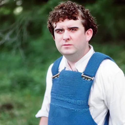 Image similar to close up headshot of a frowning clean shaven pudgy British lad with short curly dark brown hair as a hobbit wearing a white men's crossbody sling chest bag and blue vest, blue vest!! white crossbody chestbag!! high resolution film still, by Lara Jade