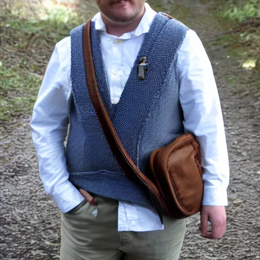 Prompt: white crossbody sling chest bag, (pudgy) british lad with short curly dark brown hair as a hobbit wearing a white men's crossbody sling chest bag and blue vest