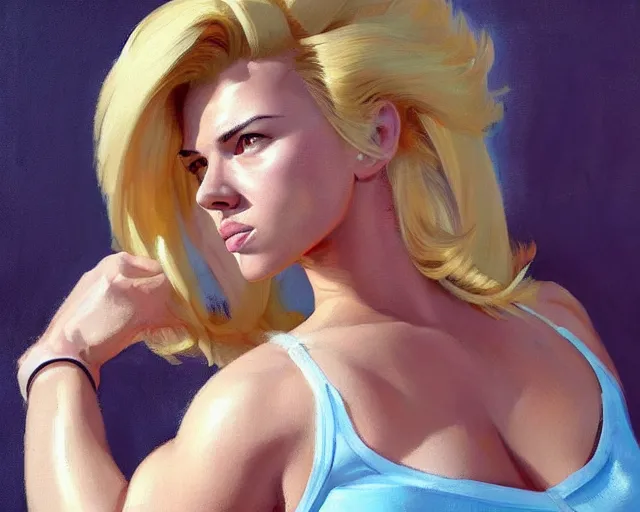 Image similar to greg manchess portrait painting of smiling scarlett johansson as beautiful thick female bodybuilder zarya from overwatch, medium shot, asymmetrical, profile picture, organic painting, sunny day, matte painting, bold shapes, hard edges, street art, trending on artstation, by huang guangjian and gil elvgren and sachin teng