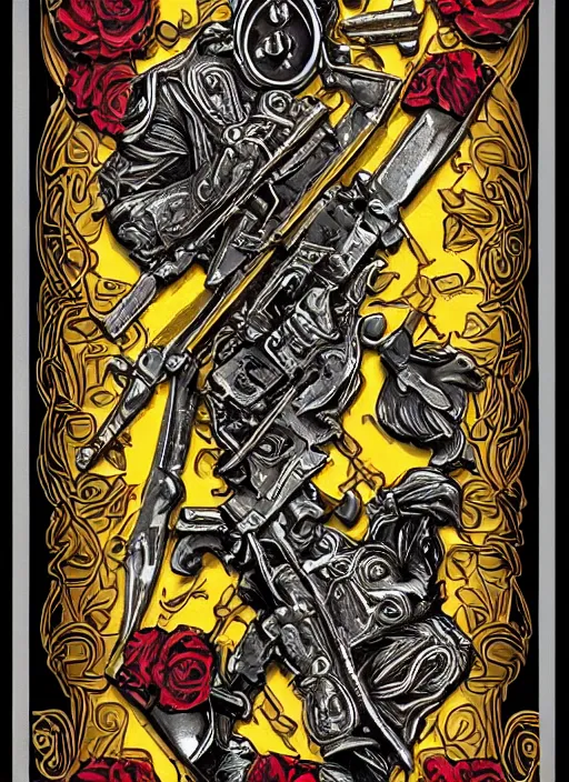 Image similar to tarot card :: horror :: killer gun :: blood and roses :: gold and silver carvings :: metallic :: by Yurtsev and Darkchylde