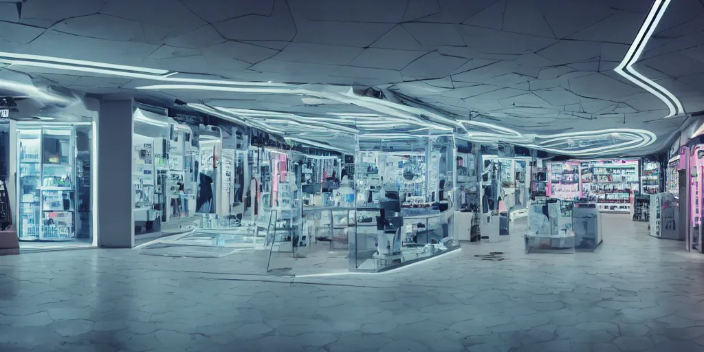 Prompt: a photo of a clean alien shop, futuristic, holographic, 8k, sharp focus, Fujifilm