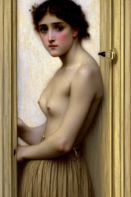Image similar to girl in thought by auguste toulmouche and bouguereau, intimate lighting, perfect detailed eyes, beautiful hands, pale skin, blonde hair, leaning on door