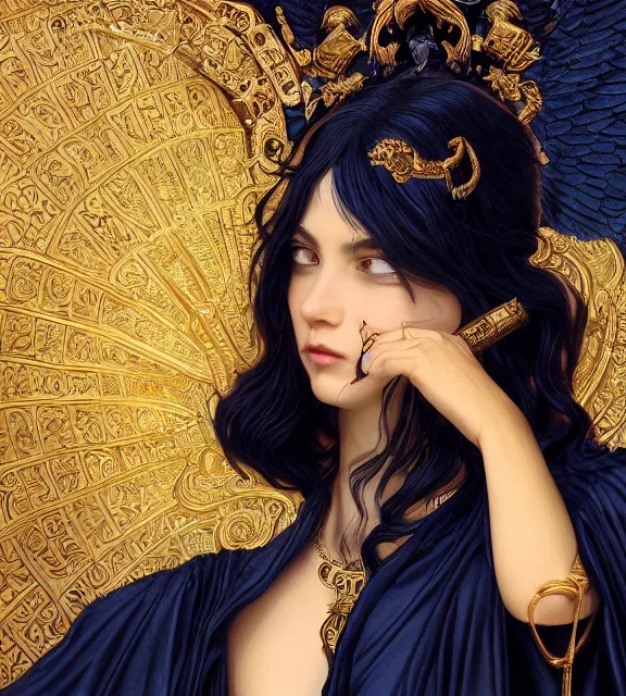 Image similar to god of death, young male, in the underworld, elegant dark blue dress, very detailed, throne, very intricate details, jewelry, gold eyeshadow, elaborate long black hairstyle, wings, cinematic, artstation, william bouguereau, alphonse mucha, greg rutkowski, rossdraws, octane render