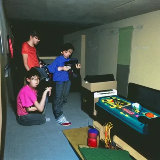 Prompt: teenager in the 9 0 s playing nintendo in a basement, painting