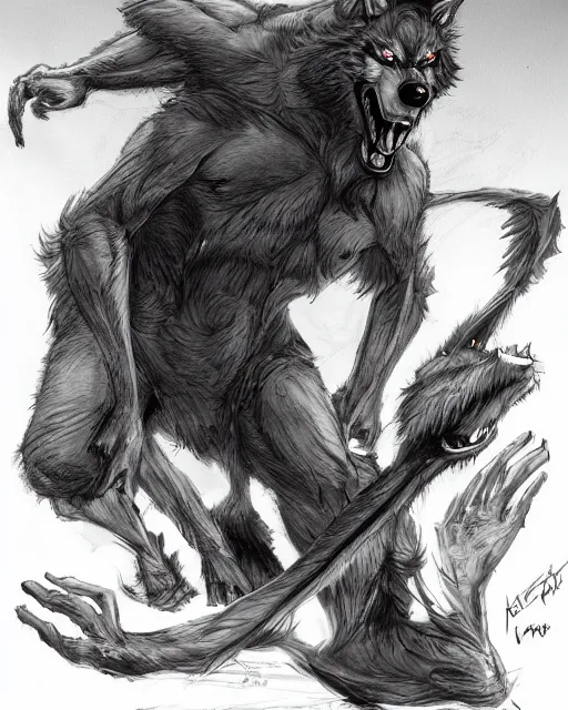 Prompt: werewolf concept designs in the style Neville Page, highly detailed, trending on artstation