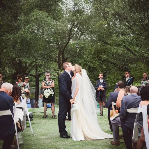 Prompt: a photo of a couple kissing at a wedding ceremony, 8k, photoshooting