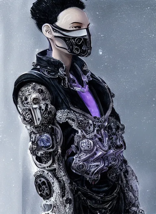 Prompt: a handsome male cyborg with a white techwear mask, purple garment with art nouveau ivory accessories, dressed in black intricate lace and jewels, ethereal, misty, cyberpunk, darksynth, luxury, concept art by zeen chin, extremely detailed, artstation, andree wallin, edvige faini, alphonse mucha, 8 k, unreal engine 5