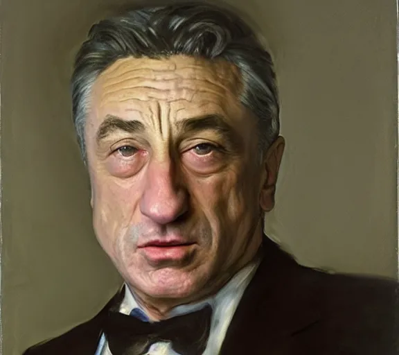 Image similar to a hyper-detailed oil painting of Robert DeNiro by John Singer Sargent; anatomically correct