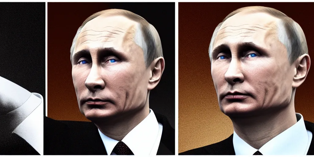 Image similar to putin in the style of a cover made by waya steurbaut, high resolution film render 100k, photo realistic