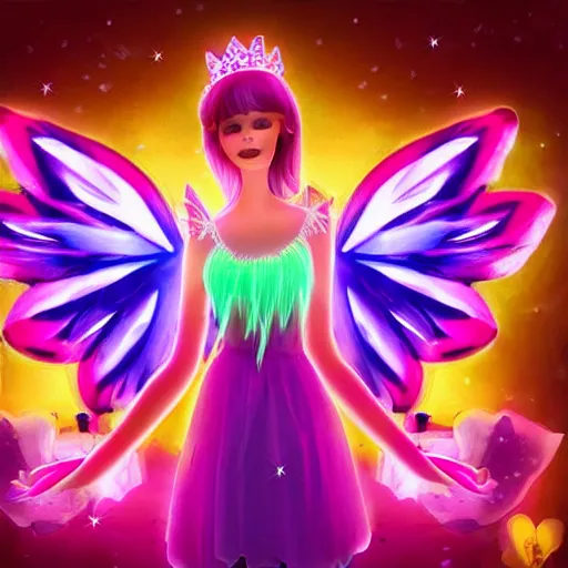 Image similar to neon fairy princess clothing store in a woodland grove, neon wings beautiful colorful pretty artistic 4 k artstation trending dramatic lighting realistic floral garden blooming flowers