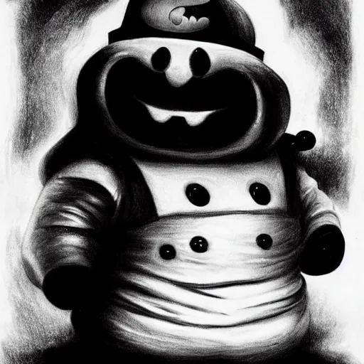 Image similar to Black and white drawing of the Stay Puft Marshmallow Man, Stephen Gammell style, evil, high detail, Scary Stories