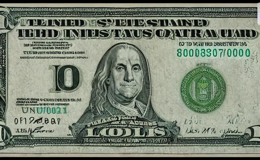 Prompt: rectangular photograph of one hundred dollar u. s. currency note featuring franklin