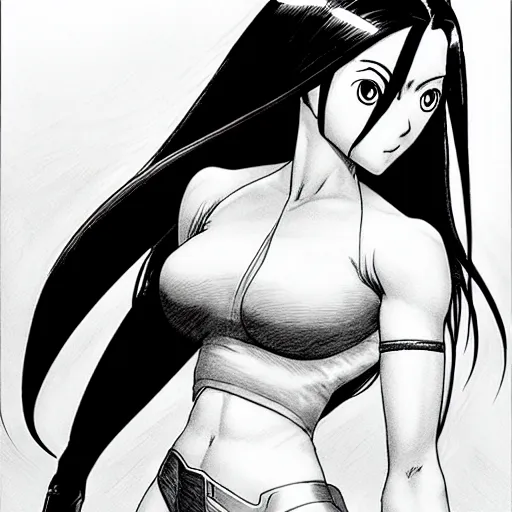 Image similar to alita by yukito kishiro. medium shot. black and white manga. pencil drawing.