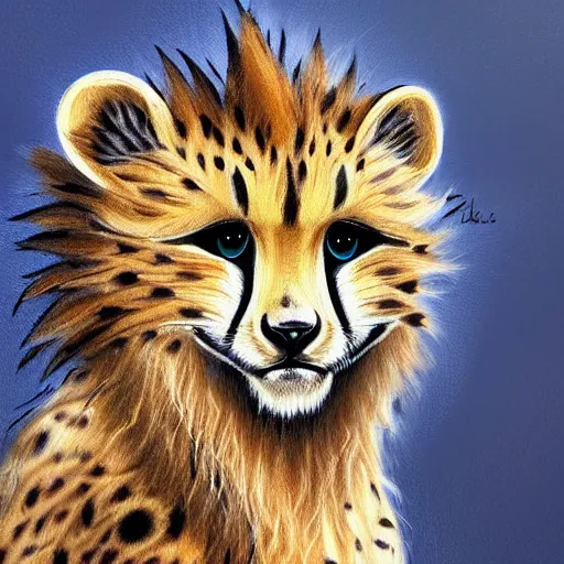 Image similar to cute fluffy baby cheetah with long flowing lion mane with mohawk hairstyle hybrid animal detailed painting 4 k