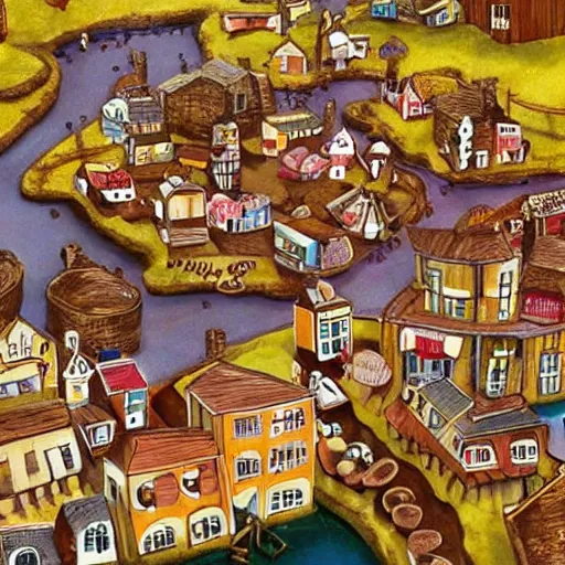 Image similar to A town made out of food with popcorn rain and chocolate ponds, in the style of Charlie and The Chocolate Factory, cgsociety