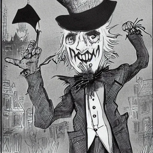 Image similar to a Pop Wonder scary horror themed goofy-hilarious-character Babadook-scarecrow-madhatter-williewonka-wearing a scarf, 3-piece-suit, dime-store-comic drawn with charcoal and pen and ink, half-tone-line-stacking