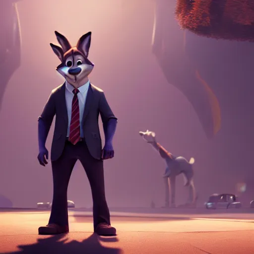 Image similar to a film still from zootopia main character portrait anthro anthropomorphic wolf security guard head animal person fursona wearing suit and tie pixar disney dreamworks animation sharp rendered in unreal engine 5 octane key art by greg rutkowski bloom dramatic lighting modeling expert masterpiece render
