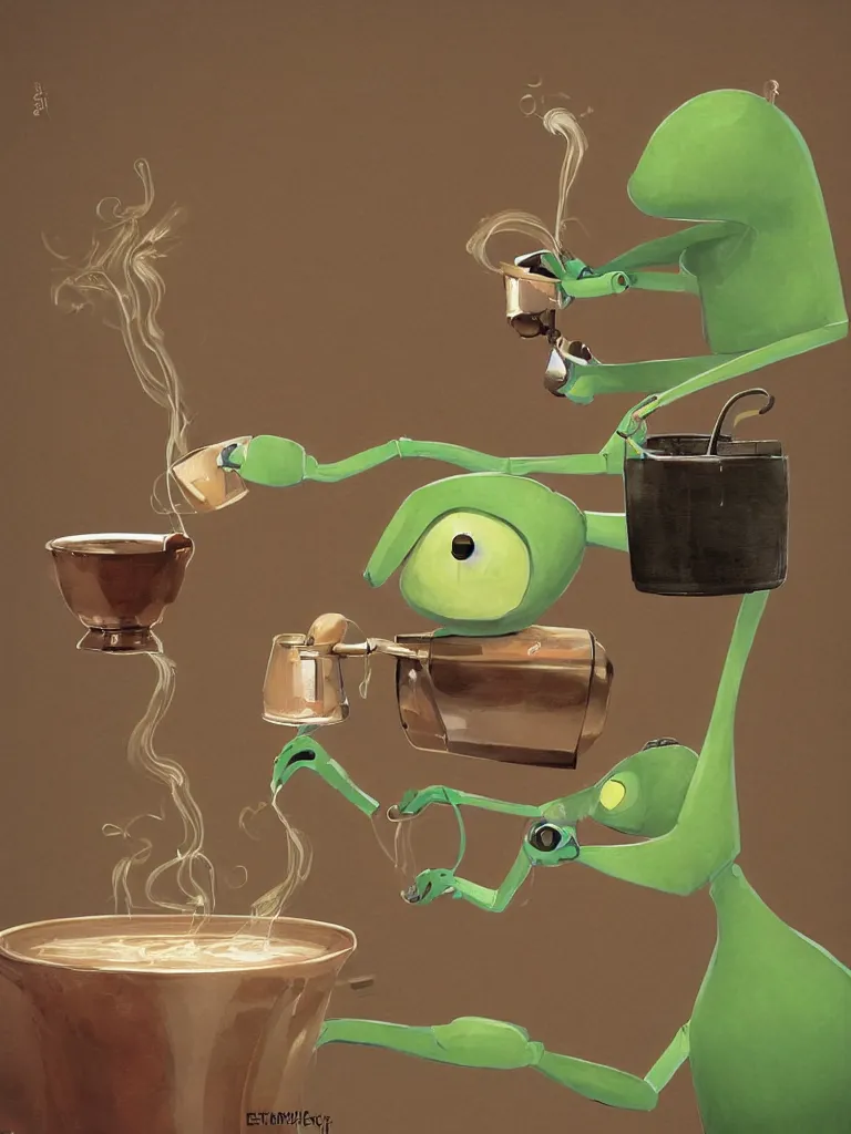 Image similar to serene illustration robotic kermit offering a cup of fresh steaming coffee, by Simon Stalenhaag, by Yoshita Amano, by Esao Andrews, sharp focus, fresh colors, conceptart, trending on artstation