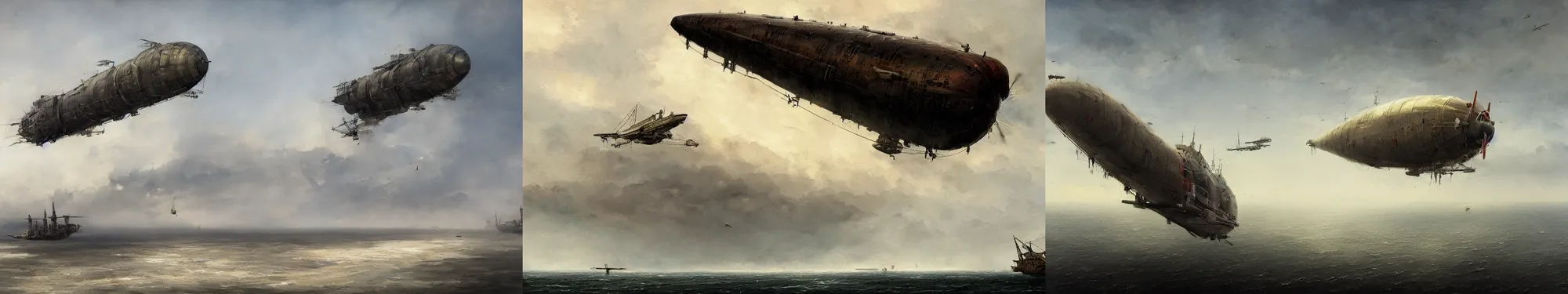 Prompt: airship flotilla over the ocean landscape, papyrus, watercolored, jakub rozalski, dark colours, dieselpunk, artstation
