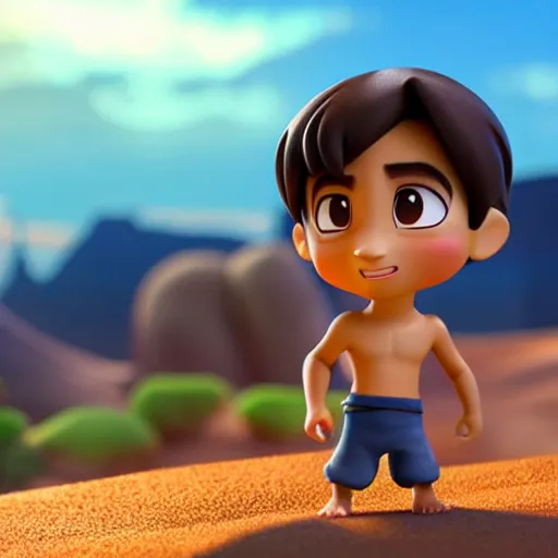 Image similar to profile view of young aladdin as nendoroid walking in a desert in the croods movie style, wearing typical clothes, 8 k, hd, dof, kodak film, volumetric lighting, subsurface scattering, photorealistic, octane render