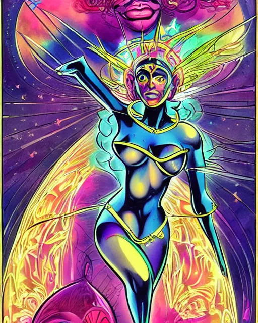 Prompt: the cosmic space goddess of evolution, beautiful digital painting in the style of Jack Kirby (1968), and don bluth, sharp details, intricate detail, crackling energy, quirky expression