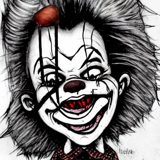 Image similar to grunge drawing of a happy chucky in the style of loony toons | horror themed | pennywise style