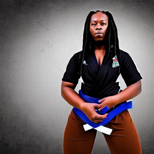 Image similar to photo of chubby black bjj athlete with long dreads posing, serious face, white belt