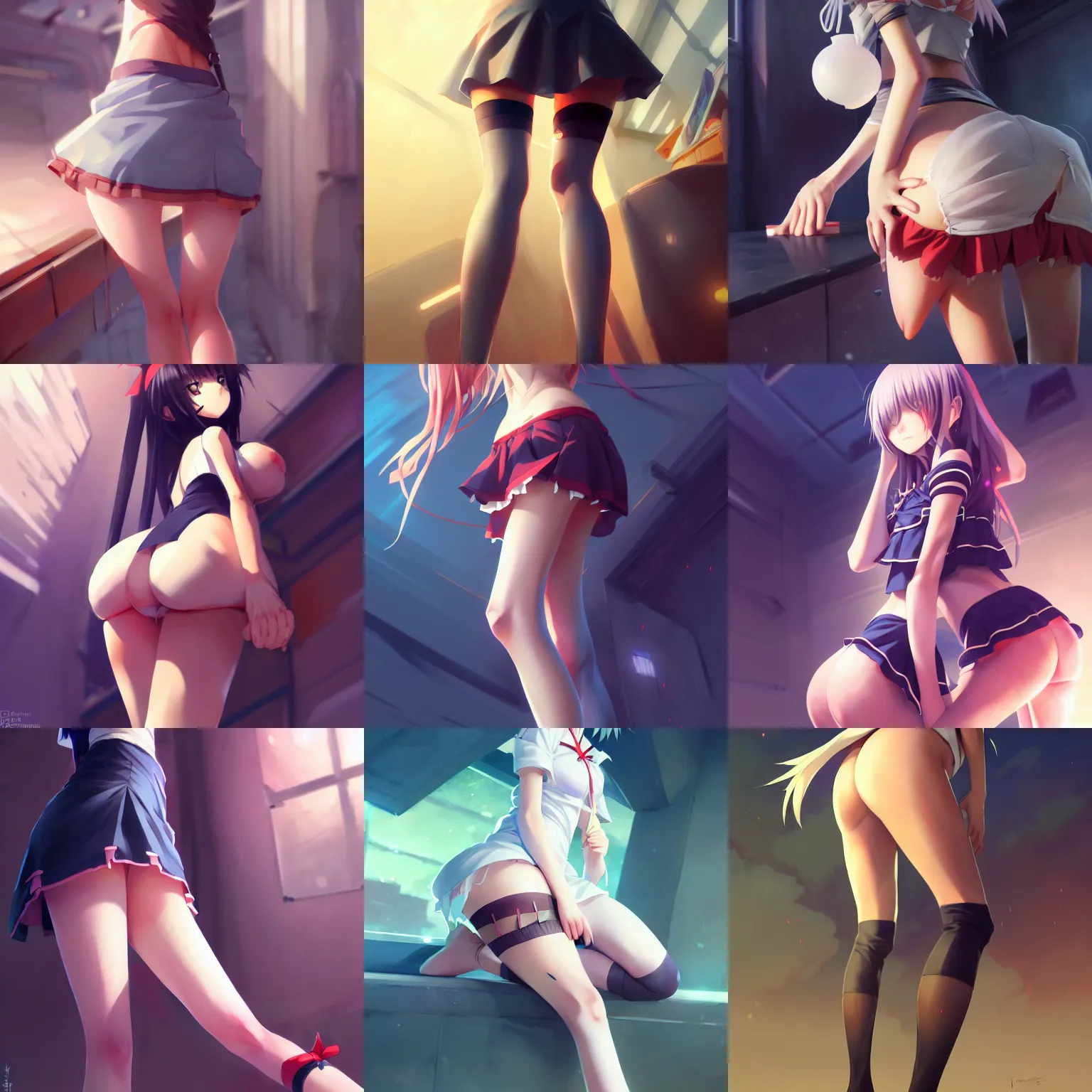 Prompt: attractive anime girl, thigh focus, juicy legs, skindentation, thighshighs close up, slim figure, accentuated hips, bottom body close up, thighhighs and skirt, attractive features, details, sharp focus, illustration, by Jordan Grimmer and greg rutkowski, Trending artstation, pixiv, digital Art