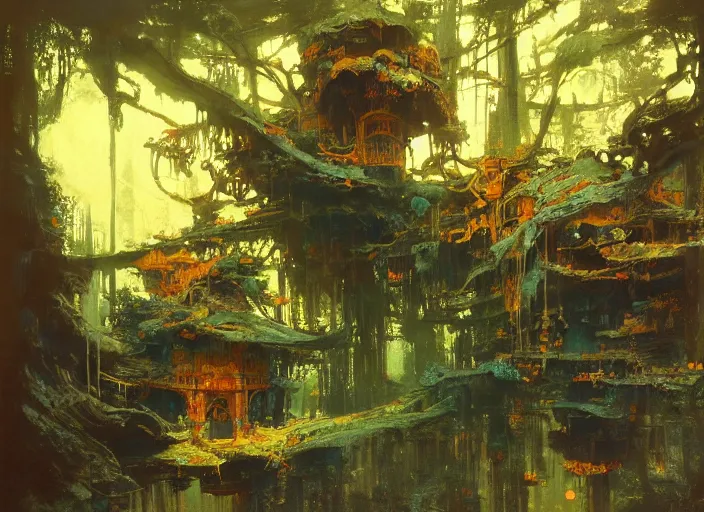 Image similar to treehouse interior, intricate, elegant, highly detailed, vivid colors, john harris, frazetta, tyrus wong, ruan jia, jeffrey catherine jones