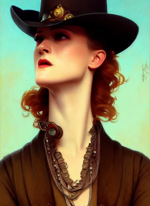 Image similar to portrait of evan rachel wood as a cowboy, 1 8 9 0, western, hat, colt, intricate, headshot, highly detailed, digital painting, artstation, concept art, sharp focus, cinematic lighting, illustration, art by artgerm and greg rutkowski, alphonse mucha, cgsociety