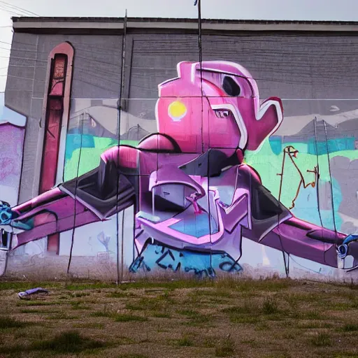 Prompt: A forerunner structure with an graffiti mural of a character. Photograph in the style of Simon stälenhag