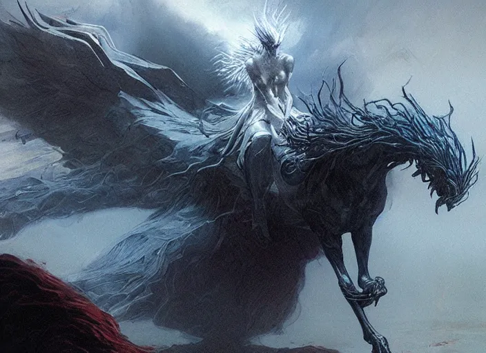 Image similar to nameless king riding a giant dark phoenix, storm king, beksinski, wayne barlowe, ruan jia, dark soul concept art