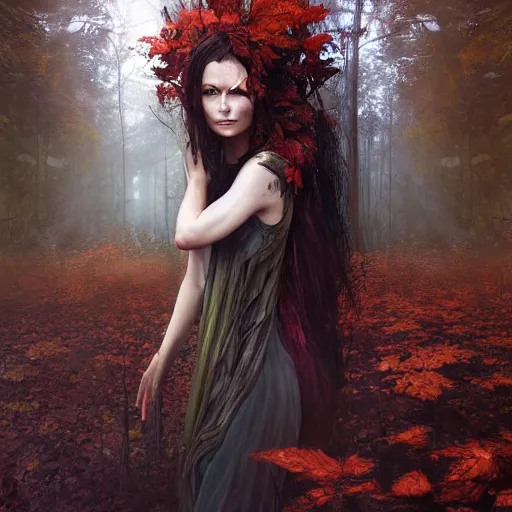 Image similar to portrait of a dryad in a shadowy forest of autumn maples by brian froud and jessica rossier dark mysterious -