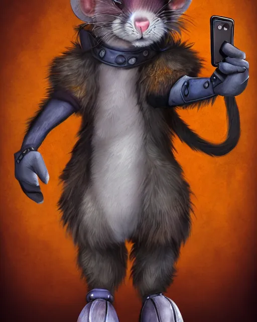 Image similar to a full body shot of an anthro furry rat wearing a fantasy armor making a selfie, fantasy, artstation, furry art, furaffinity, deviantart, symmetrical, highly detailed, award winning, trending