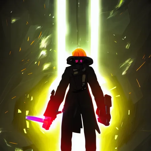 Image similar to poster soldier in trench coat looking up at crystal, hyperlight drifter, black color smoke, black rock shooter, wallpaper, chris newman