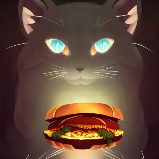 Image similar to deeply feared and terrified cat running away from the giant carnivorous sandwich, artstation hq, dark phantasy, stylized, symmetry, modeled lighting, detailed, expressive, true unsimulated emotions, created by hayao miyazaki