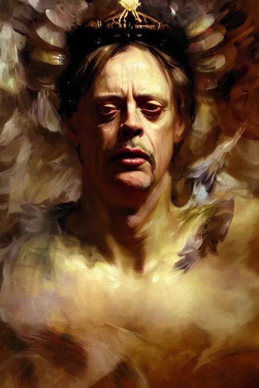 Image similar to beautiful detailed expressive impressionistic oil painting portrait of ancient roman god emperor steve buscemi levitating in angelic pose wearing the civic crown, art by anders zorn, wonderful masterpiece by greg rutkowski, expressive brush strokes, beautiful cinematic light, american romanticism by greg manchess, jessica rossier