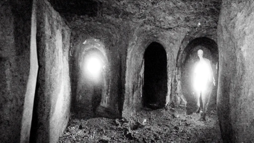 Image similar to creepy, incredibly tall, skinny and pale creature lurking in the catacombs captured on film camera