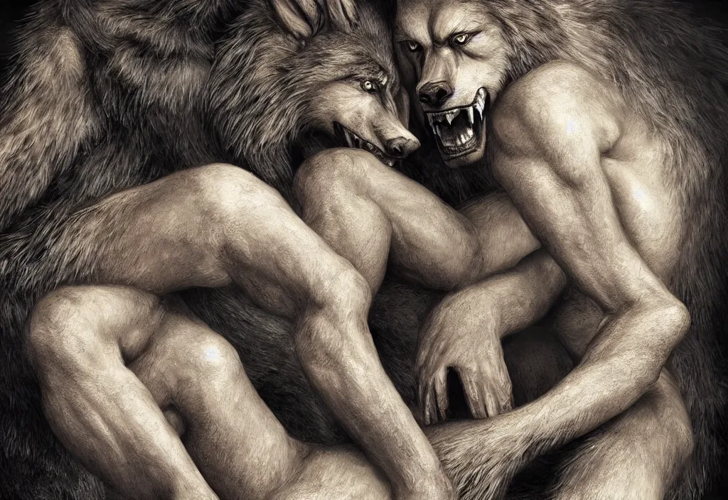 Image similar to Portrait of a two-headed werewolf sitting down, detailed face, bare thighs, fantasy, highly detailed, cinematic lighting, digital art