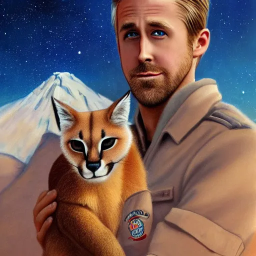 Image similar to Ryan Gosling holding a cute caracal on a mountain on mars, cinematic angle, studio Ghibli, cinematic lighting, detailed oil painting, hyperrealistic, 8k